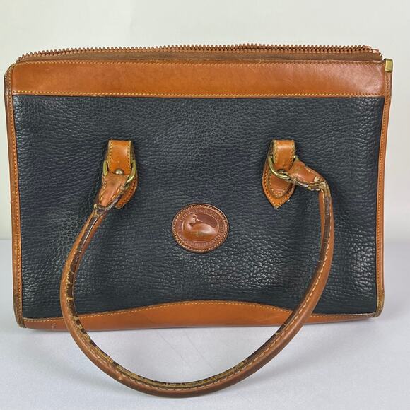 Vintage Dooney & Bourke Purse Pebbled Leather Tote Navy Tan Brown Rectangle - Picture 1 of 16